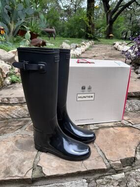 Hunter Original Refined Slim Fit Gloss Duo Rain Boots Black Women's 8